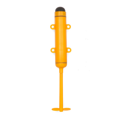 Yellow Huckleberry motor boat toy for kids. Small plastic yellow outboard motor with propeller for DIY toy boats.