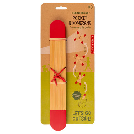 Huckleberry Pocket Boomerang in packaging with bamboo sticks, red tips, and assembly diagrams on a green and tan card.