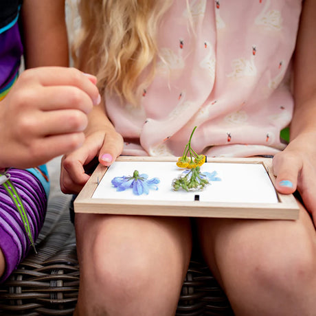 Kids arranging blue and yellow wildflowers in Huckleberry pressed flower wood frame craft kit outdoors.