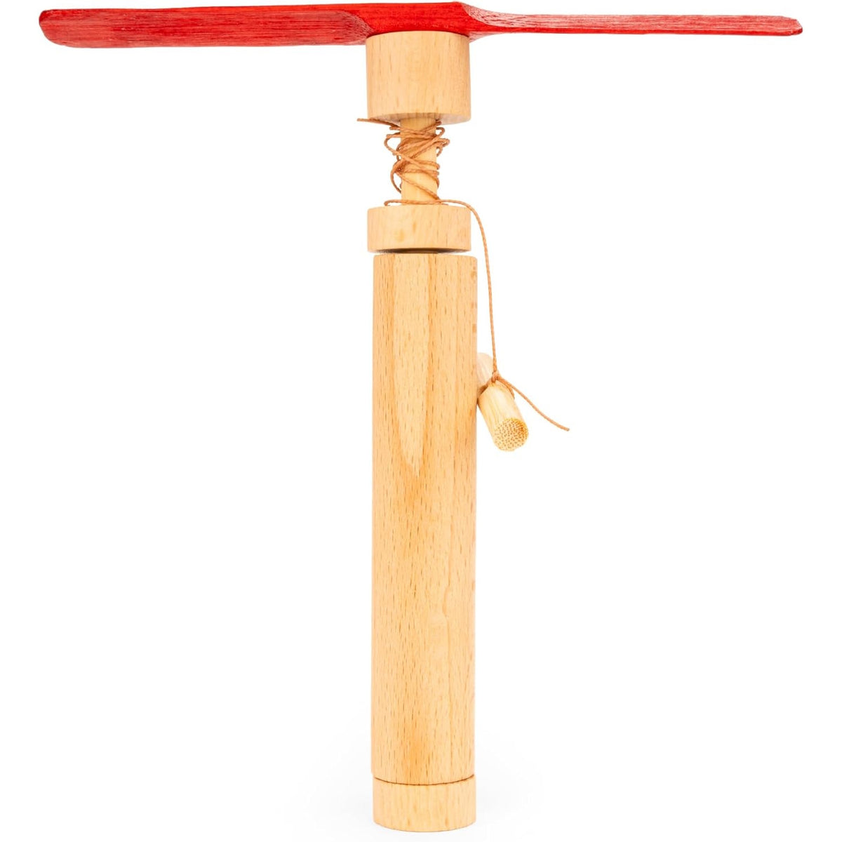 Wooden Huckleberry pull helicopter toy with red propeller blades and a natural wood handle on a white background.