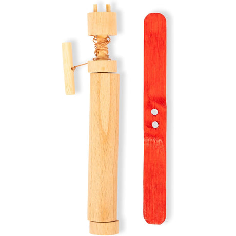 Huckleberry wooden pull helicopter toy with a natural wood launcher and a red propeller blade on a white background.