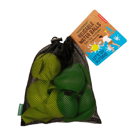 Huckleberry reusable water balls in a black mesh storage bag with product label packaging.