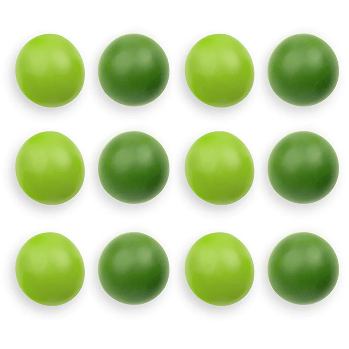 Twelve round green gumball candies arranged in a neat grid pattern on a solid white background.
