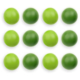 Twelve round green gumball candies arranged in a neat grid pattern on a solid white background.