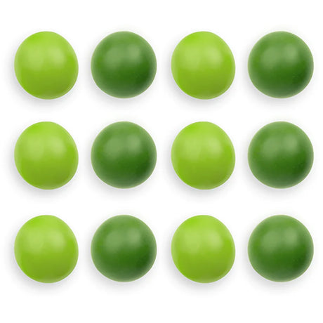 Twelve round green gumball candies arranged in a neat grid pattern on a solid white background.