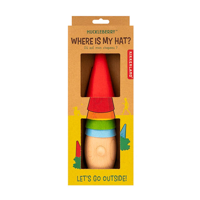 Huckleberry Where Is My Hat game by Kikkerland in cardboard packaging with stacked colorful wooden hats.