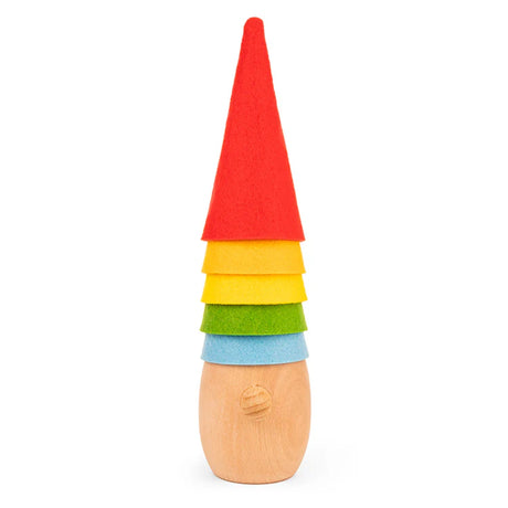 Rainbow Waldorf wooden gnome toy with colorful stacking felt hats on a white background.