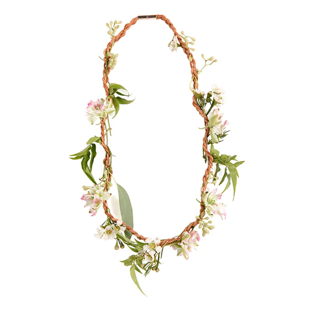 DIY fresh flower necklace kit featuring white and pink blossoms woven into a brown braided cord, white background.