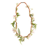 DIY fresh flower necklace kit featuring white and pink blossoms woven into a brown braided cord, white background.
