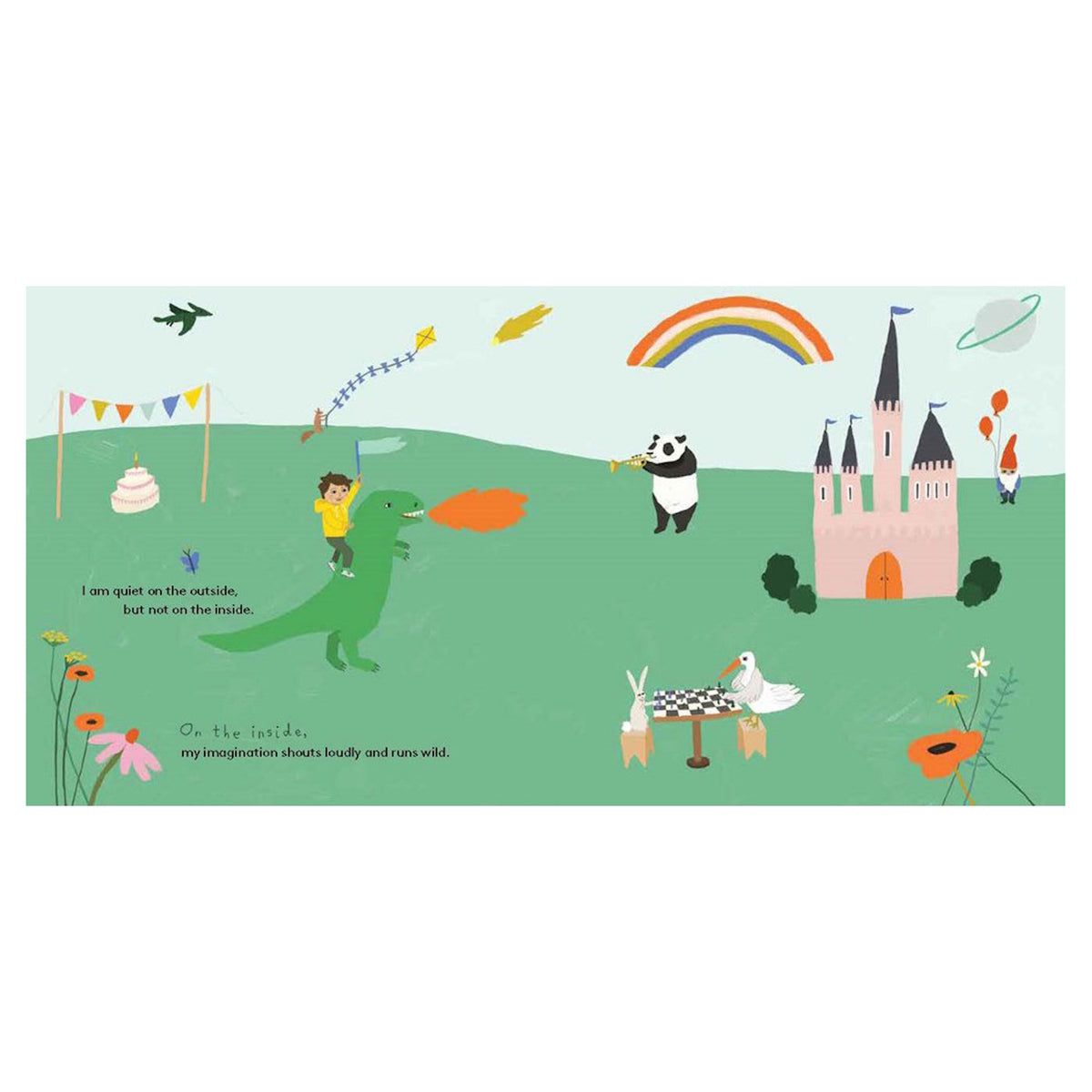 A whimsical illustration shows a boy riding a dinosaur, a castle, animals, and imaginative text on green rolling hills.
