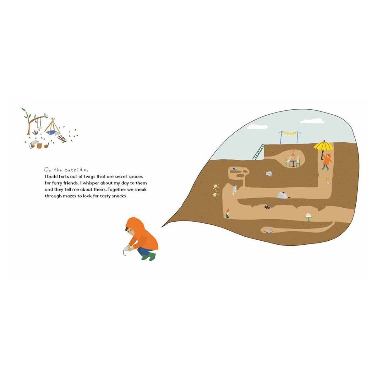 Illustration of a child in an orange hoodie kneeling near an underground maze of tunnels with tiny animals and snacks.