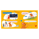 Children's book spread with a mouse attempting math, painting, and bike riding on a yellow background.
