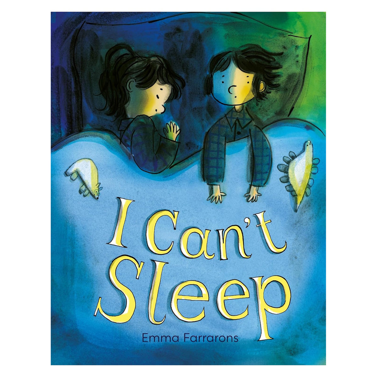 Children's book cover "I Can't Sleep" by Emma Farrarons, featuring two wide-awake kids under blue blankets.
