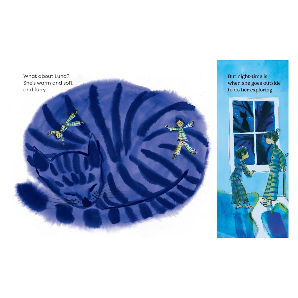 Children's book illustration of kids in pajamas playing on a large blue cat and looking out a window at night.