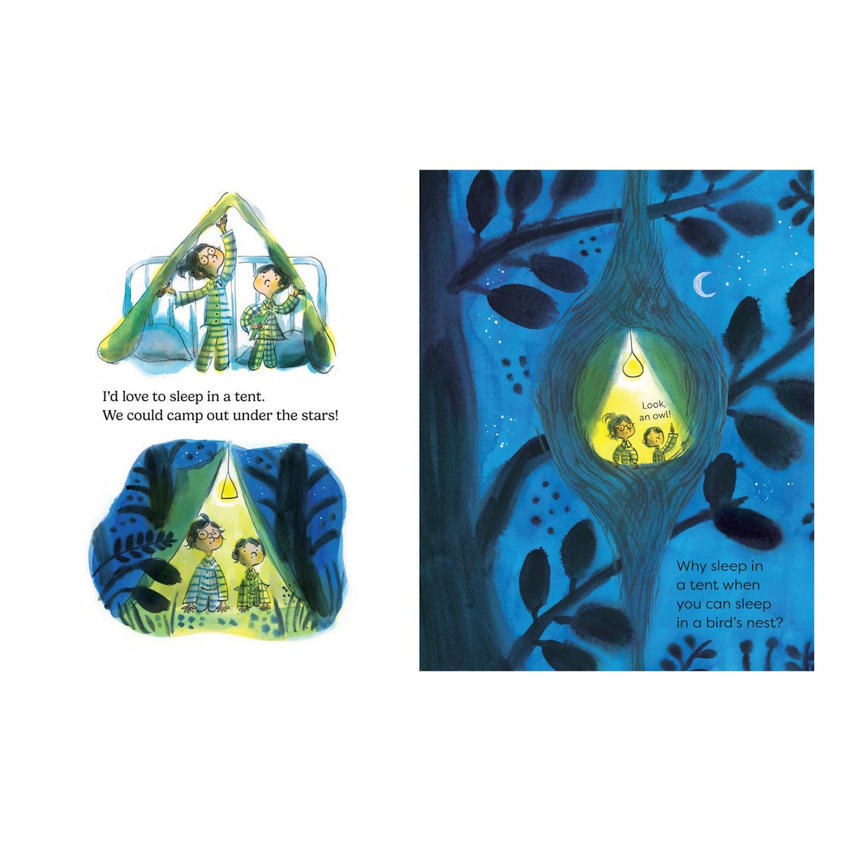 Children's book illustration of siblings dreaming of sleeping in a tent and a bird's nest under a starry night sky.