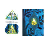 Children's book illustration of siblings dreaming of sleeping in a tent and a bird's nest under a starry night sky.