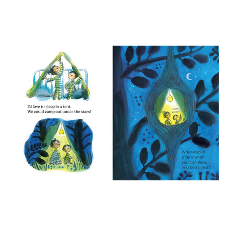 Children's book illustration of siblings dreaming of sleeping in a tent and a bird's nest under a starry night sky.