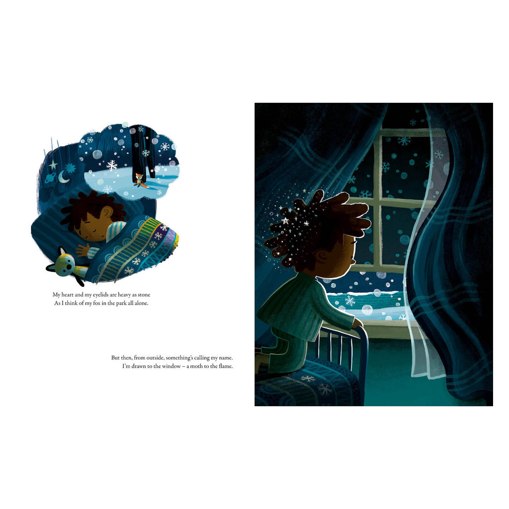 A child lies in bed, eyes closed, dreaming of snow and a fox. The child then looks out the window at a snowy night, conveying curiosity and wonder.
