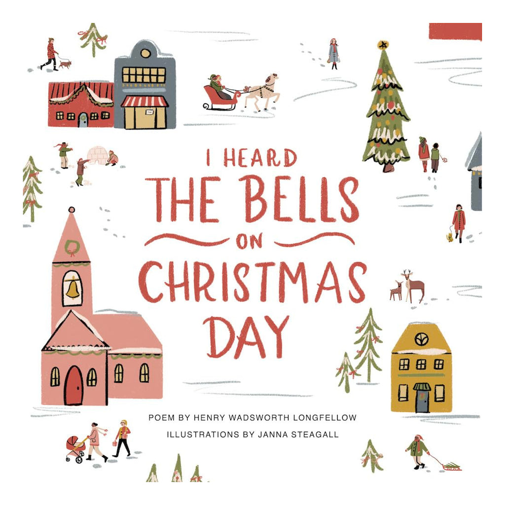 Illustrated book cover features a festive winter scene with people, a sleigh, deer, Christmas trees, and buildings, capturing a joyful holiday spirit.