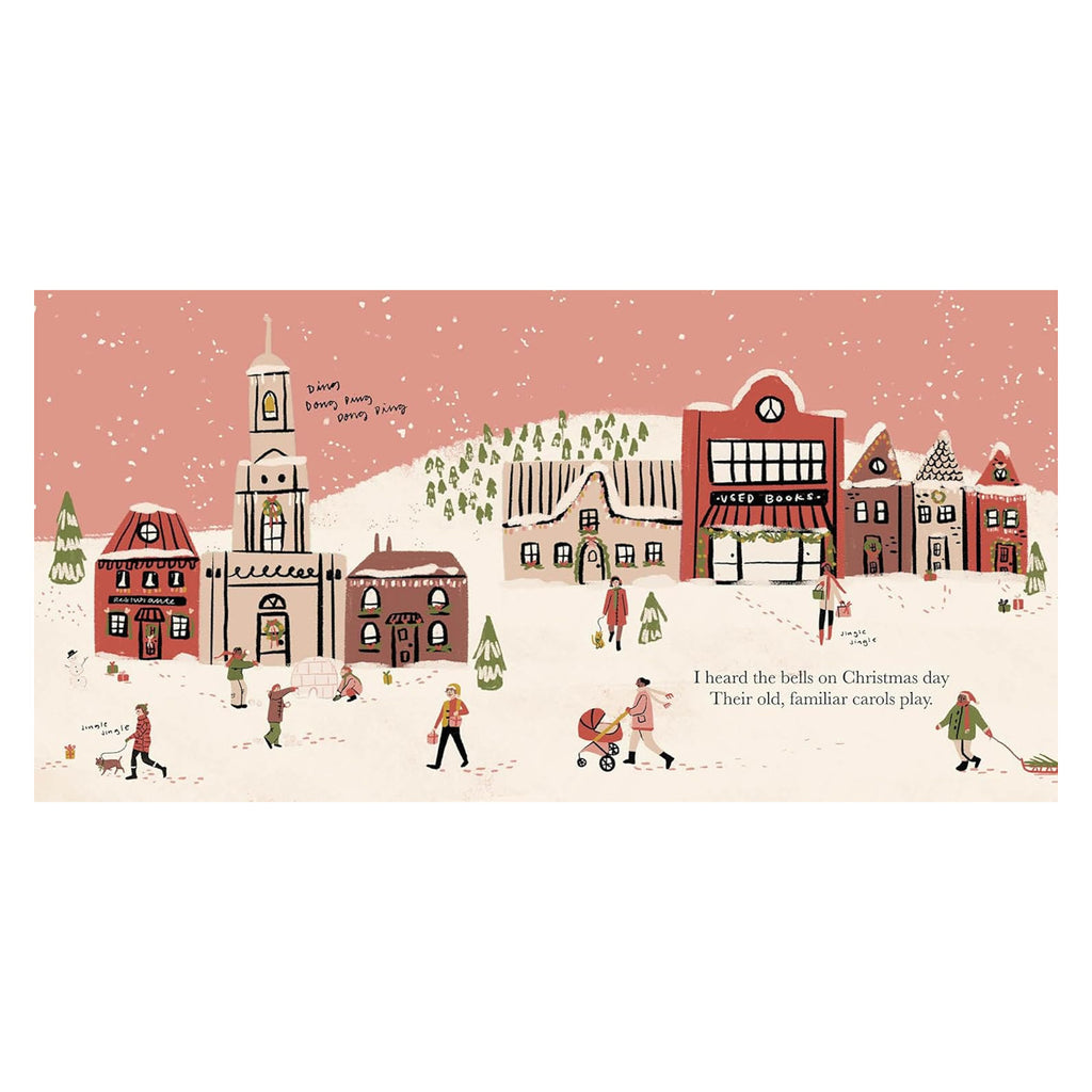 Illustration of a snowy village with people walking, a church, shops, and festive decorations. A sense of warmth and holiday cheer fills the scene.