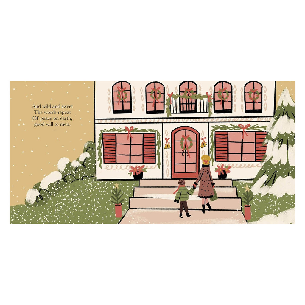Illustration of a festive house with wreaths and garlands. A woman and child approach, surrounded by snow and a decorated tree, conveying a warm holiday feeling.