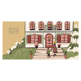Illustration of a woman and child walking toward a festive, snow-covered house with Christmas wreaths and caroling lyrics.