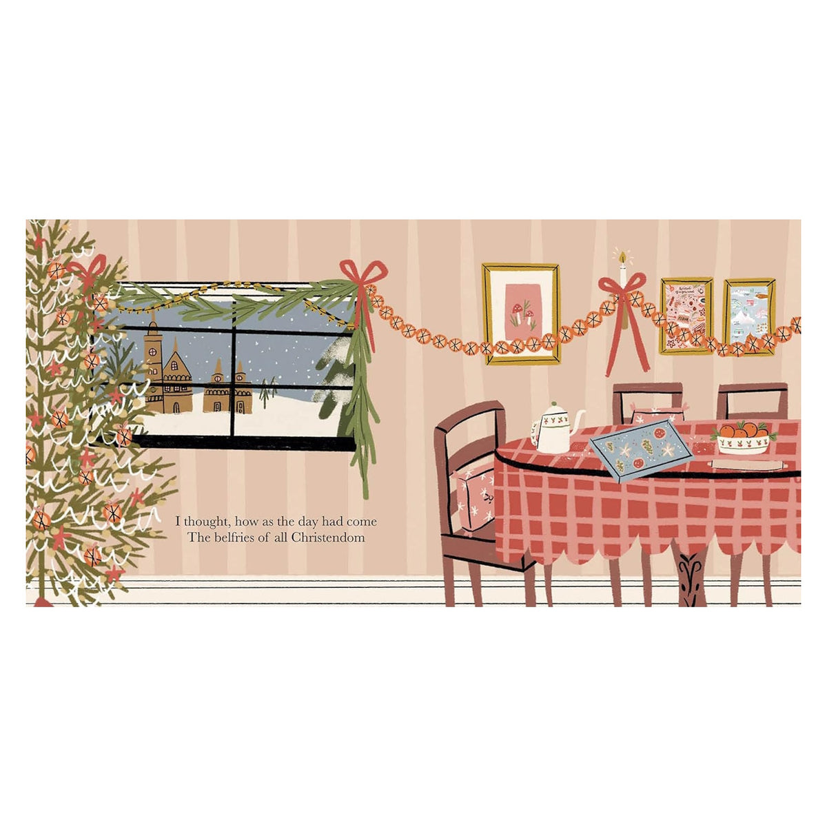 A cozy holiday illustration from an open book features a Christmas tree, a snowy town window, and a set dining table.