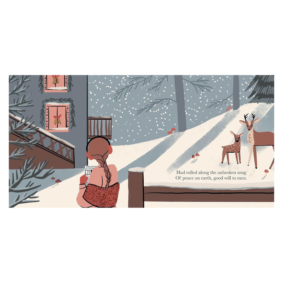 Illustration of a woman in a snowy landscape with deer, featuring lyrics from "I Heard the Bells on Christmas Day."