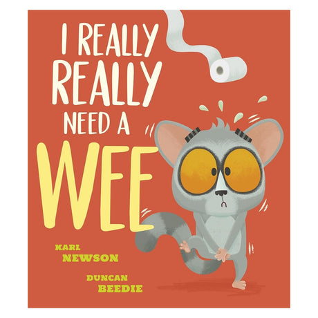 Book cover showing an anxious bushbaby holding its legs together under unrolling toilet paper.
