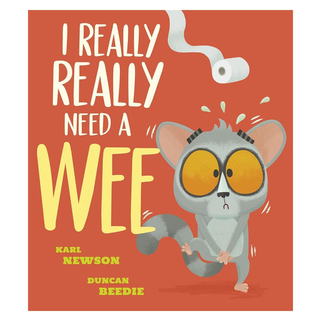 Book cover showing an anxious bushbaby holding its legs together under unrolling toilet paper.