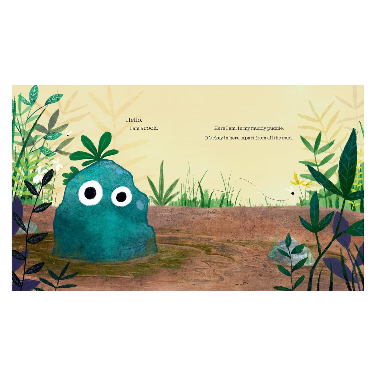 Children's book illustration of a teal rock character with big googly eyes sitting in a muddy puddle.