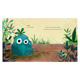 Children's book illustration of a teal rock character with big googly eyes sitting in a muddy puddle.