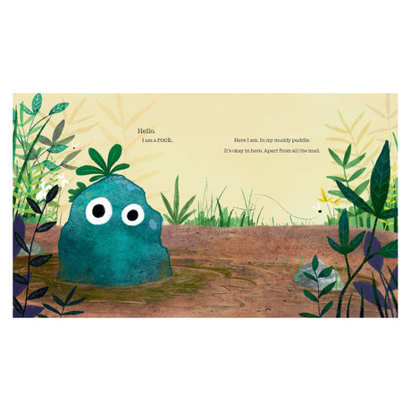 Children's book illustration of a teal rock character with big googly eyes sitting in a muddy puddle.