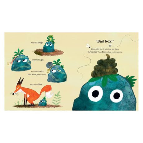 Children's book page showing a blue rock character looking wide-eyed after a fox leaves poop on its head.