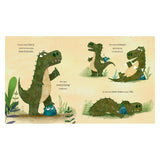 Children's book page showing a friendly green dinosaur playing and napping with a small blue rock.