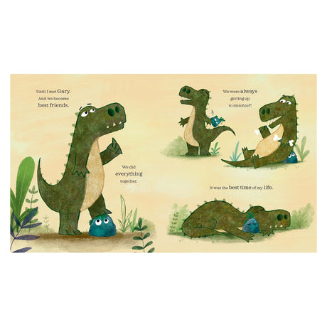 Children's book page showing a friendly green dinosaur playing and napping with a small blue rock.