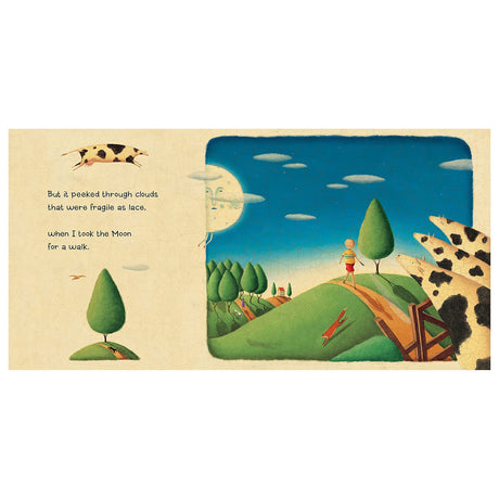 Whimsical children's book illustration of a boy walking a personified moon over rolling green hills with jumping cows.