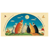 Illustration of a pack of diverse dogs howling at a personified moon in a whimsical, blue night sky.