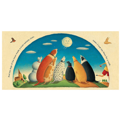 Illustration of a pack of diverse dogs howling at a personified moon in a whimsical, blue night sky.