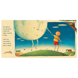 Illustration of a young boy holding hands with a personified moon as they walk through a grassy field at night.