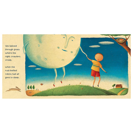 Illustration of a young boy holding hands with a personified moon as they walk through a grassy field at night.
