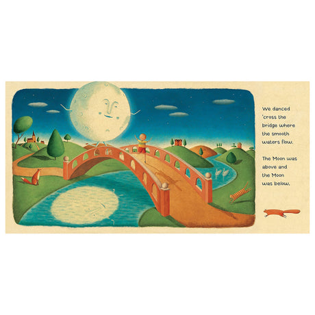 Illustration of a child and a personified moon walking across a bridge over a river at night with whimsical animals.