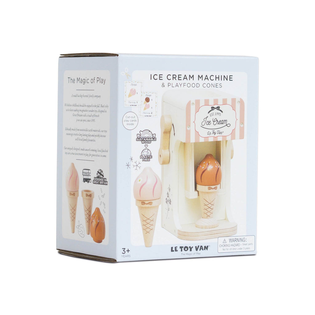 Packaging of a wooden ice cream machine toy set by Le Toy Van. Includes colorful play cones. Text highlights sustainable materials. Suitable for ages 3+.