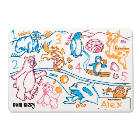 Colored children's drawing of arctic animals, numbers 1 to 5, and the name "Alex" on a white mat.