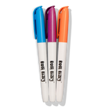 Three markers (blue, purple, orange) with "Born Bizzy" text on white barrels, set against a white background.
