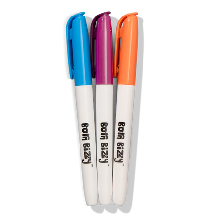 Three markers (blue, purple, orange) with "Born Bizzy" text on white barrels, set against a white background.