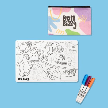 An activity set with a zippered pouch, a black-and-white animal coloring mat, and three markers on a blue background.