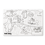 An uncolored children's activity mat with line art of polar animals, trace-and-write numbers, and an empty name box.