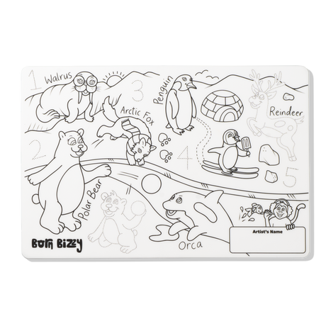 An uncolored children's activity mat with line art of polar animals, trace-and-write numbers, and an empty name box.