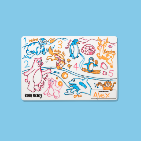 An illustrated children's activity mat featuring polar animals, numbers 1 to 5, and the name Alex.
